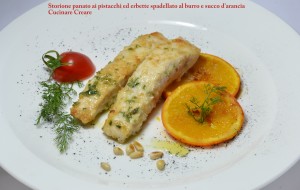 Storione panato ai pinoli e erbette spadellato al burro e succo d'arancia (15)